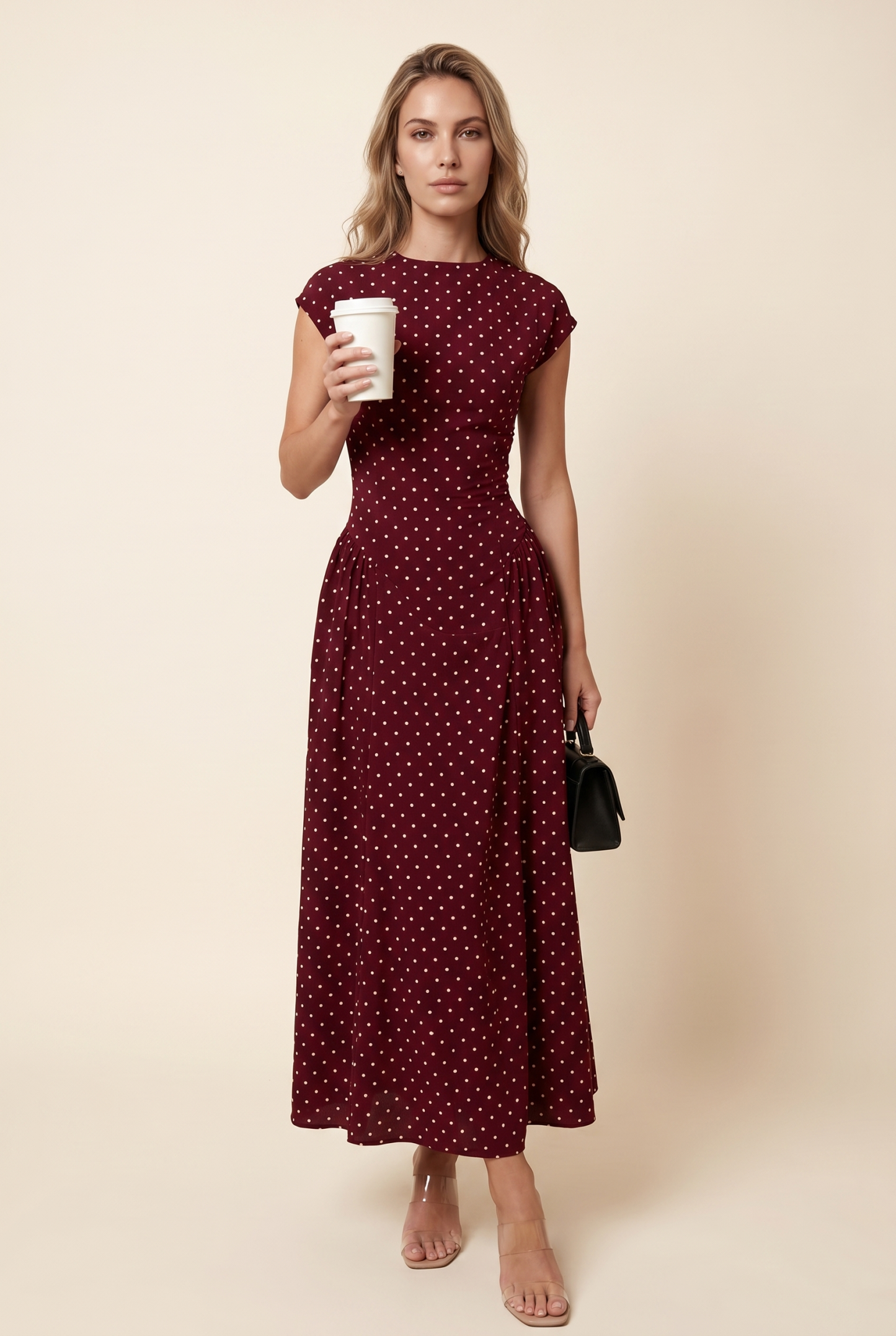 Edith Midi Dress - Burgundy Polka Dot