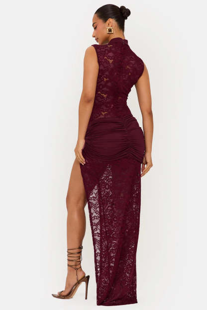 Back view burgundy lace maxi dress with ruched waist and slit