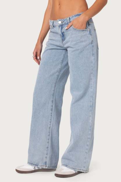 Raelynn Washed Low Rise Baggy Jeans - LIGHT BLUE