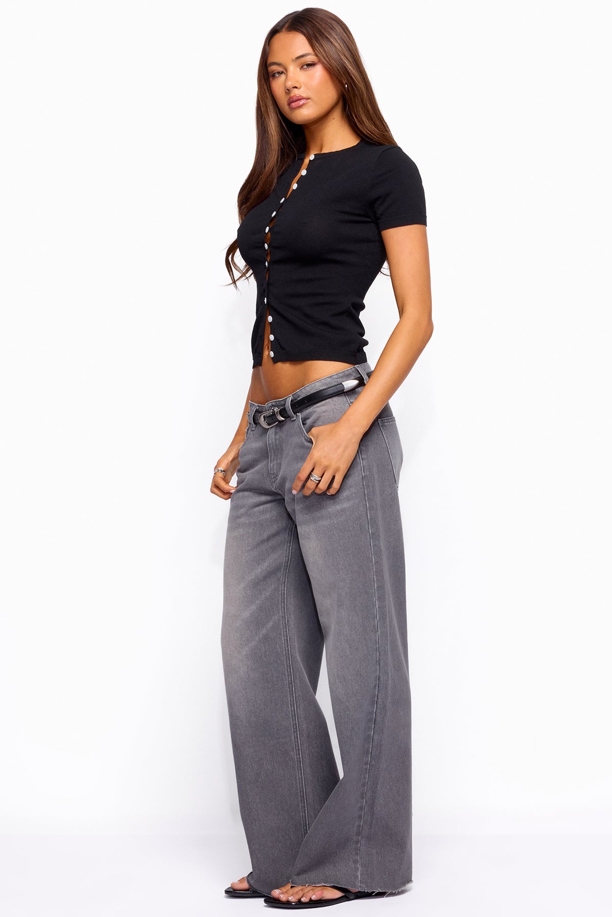 Raelynn Washed Low Rise Baggy Jeans - CINDER-GRAY