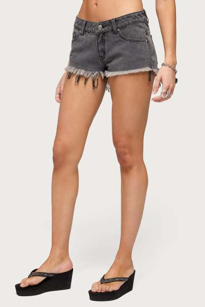 Frayed Vintage Washed Denim Shorts - BLACK-WASHED