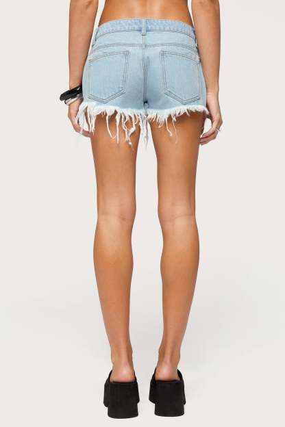 Frayed Vintage Washed Denim Shorts - LIGHT-BLUE
