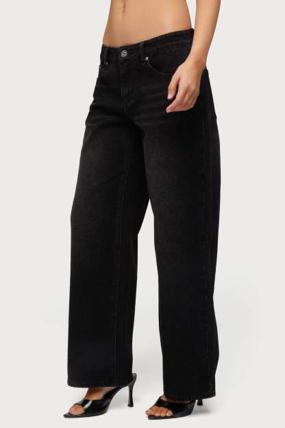 Petite Raelynn Washed Low Rise Baggy Jeans - DENIM-BLACK