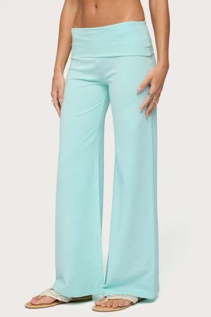 Wide Leg Foldover Pants - TURQUOISE