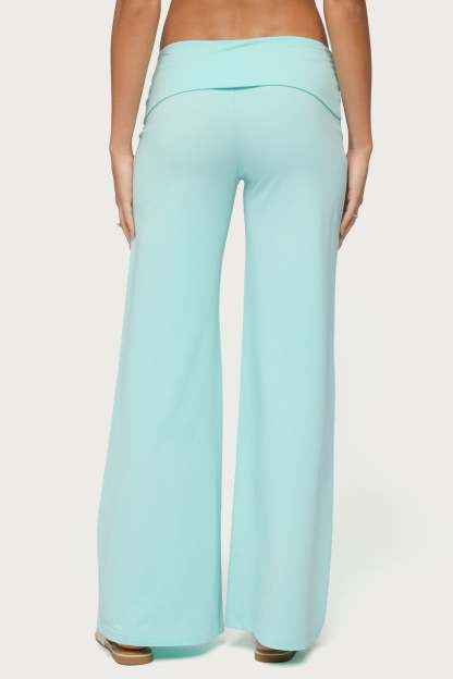 Wide Leg Foldover Pants - TURQUOISE