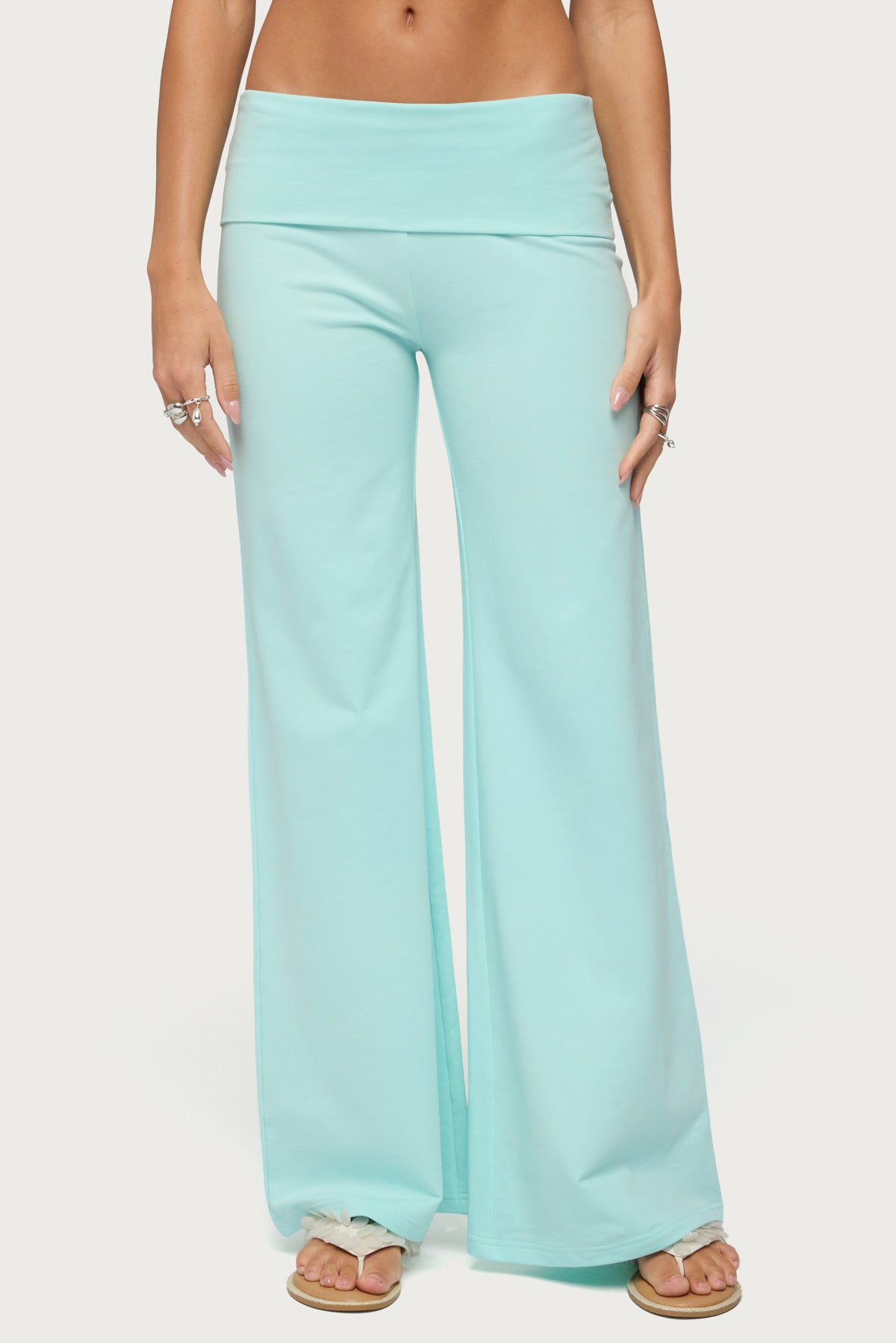 Wide Leg Foldover Pants - TURQUOISE