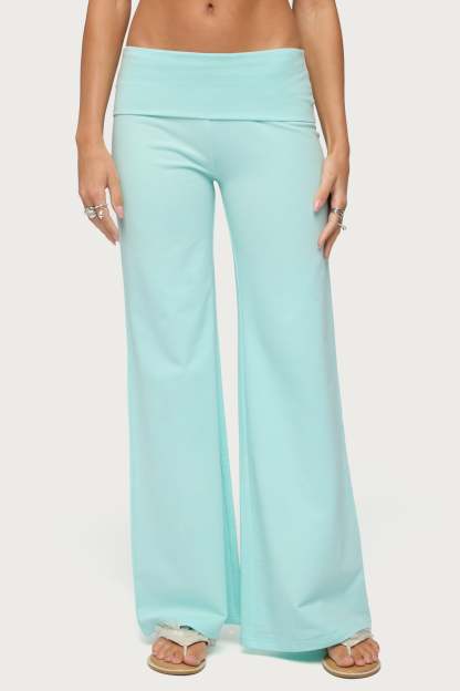 Wide Leg Foldover Pants - TURQUOISE