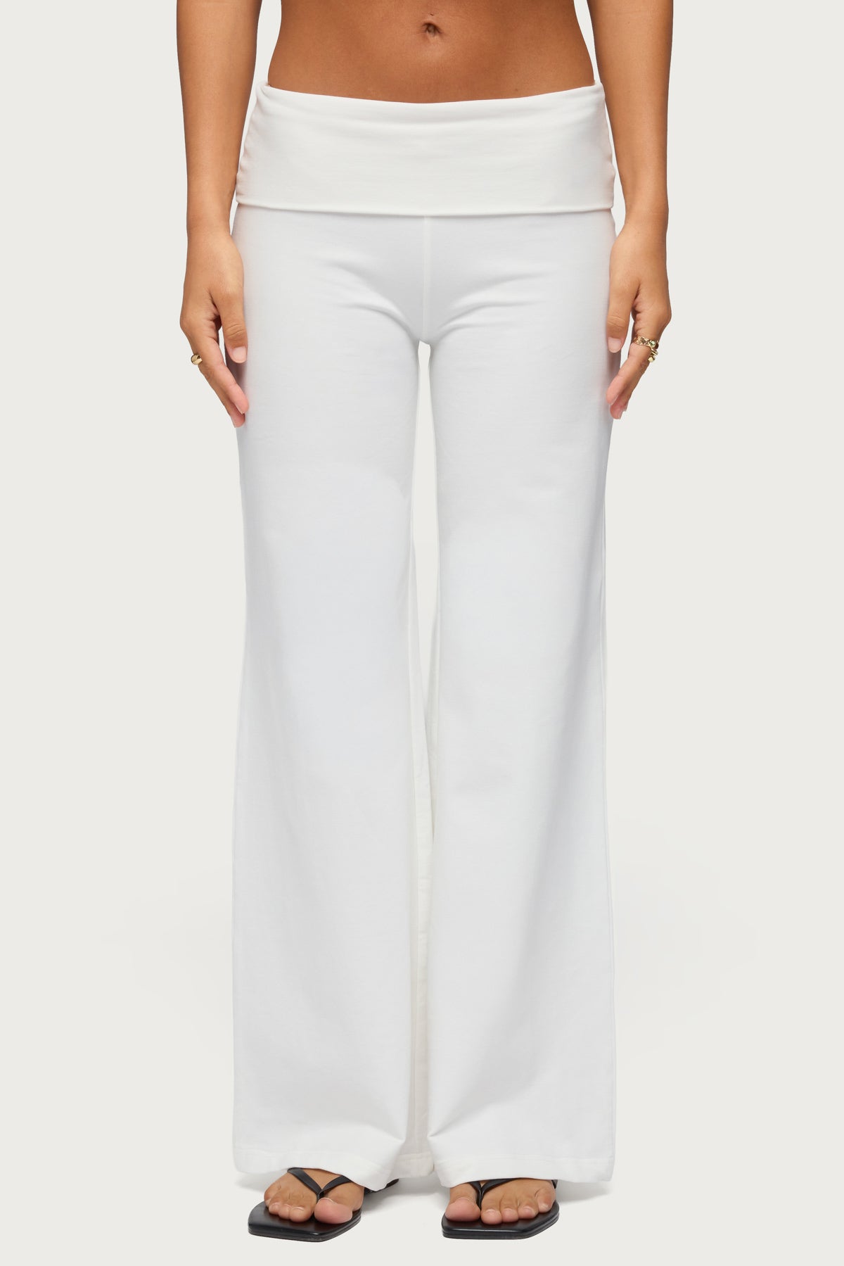 Wide Leg Foldover Pants - WHITE
