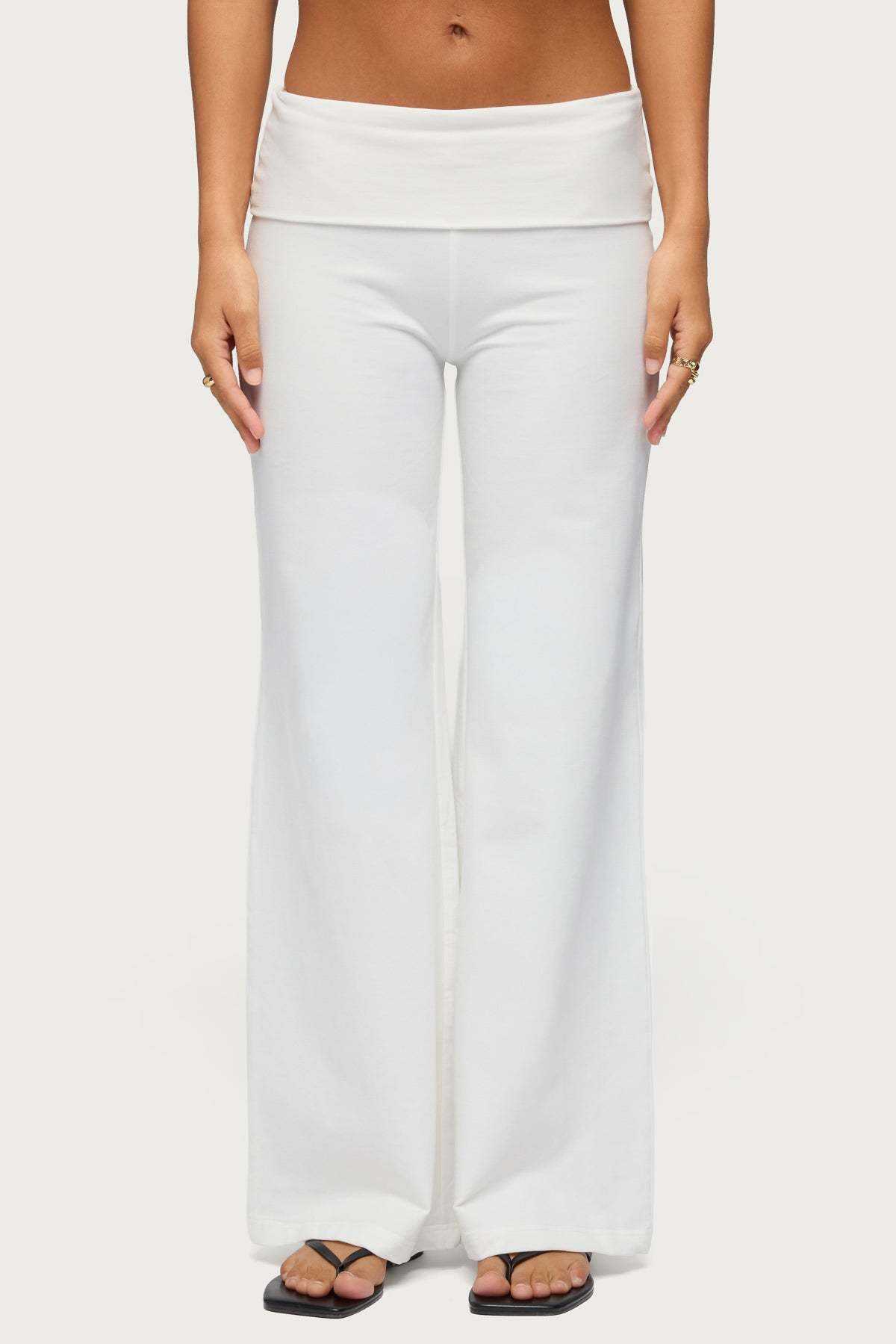Wide Leg Foldover Pants - WHITE