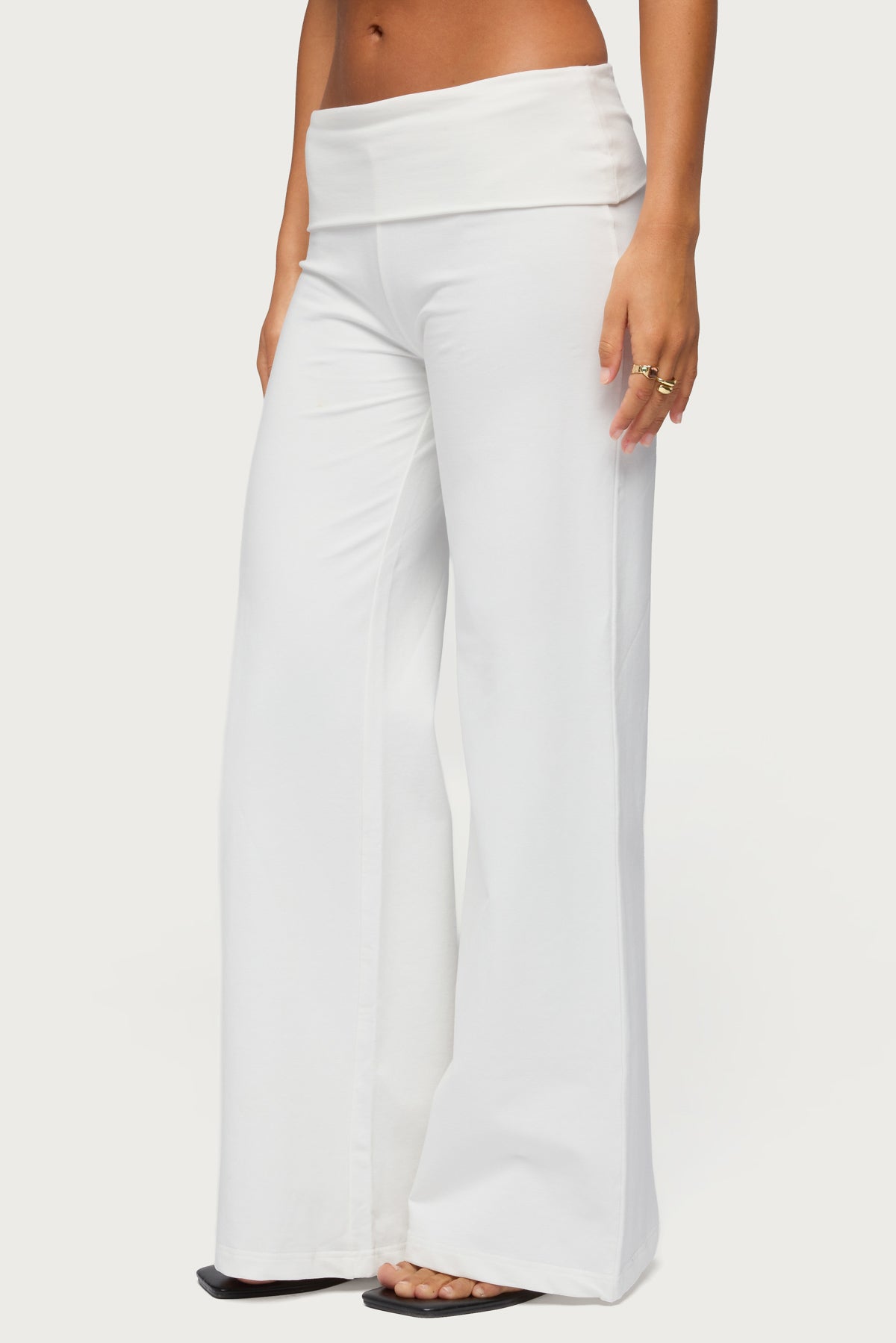 Wide Leg Foldover Pants - WHITE