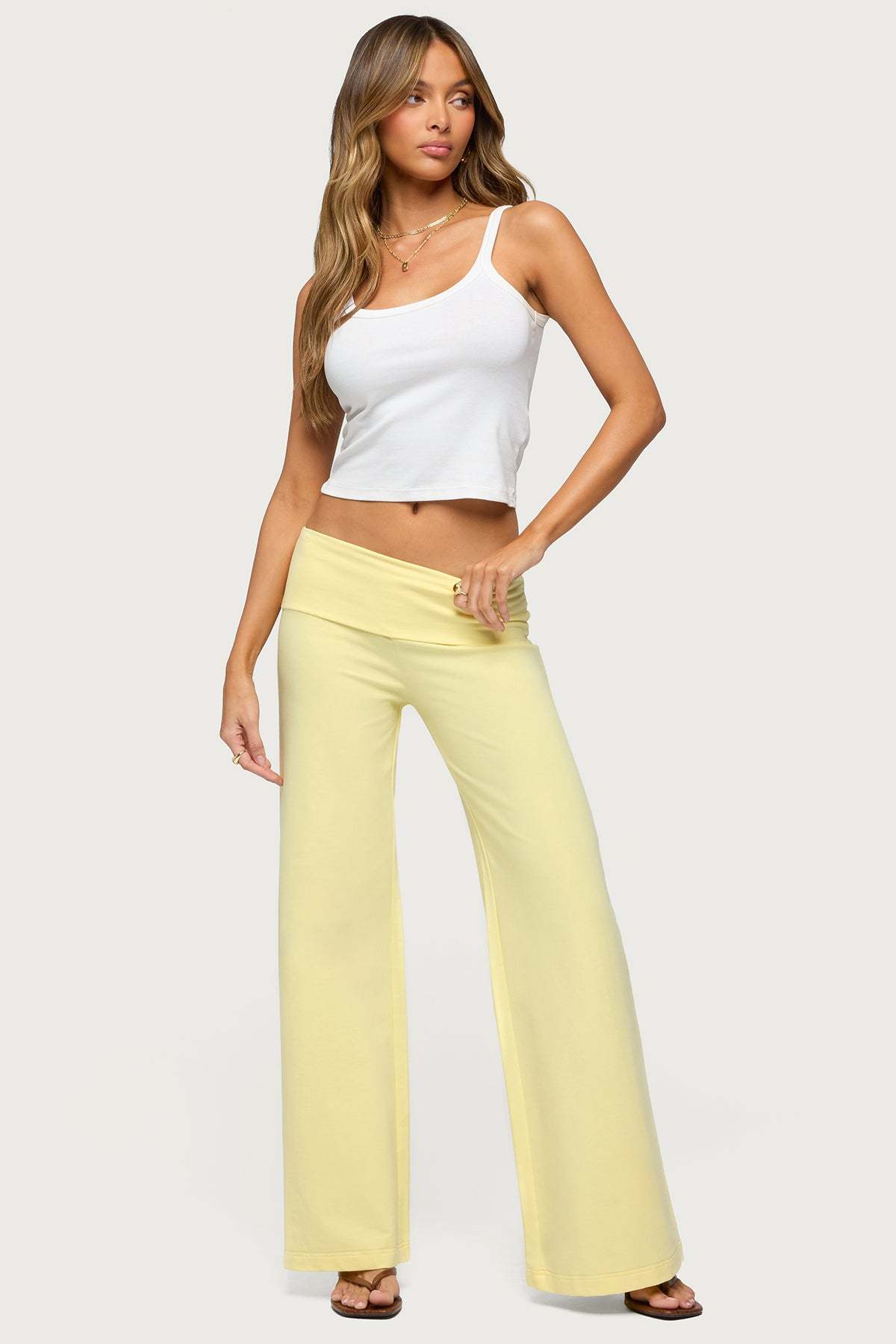Wide Leg Foldover Pants - YELLOW