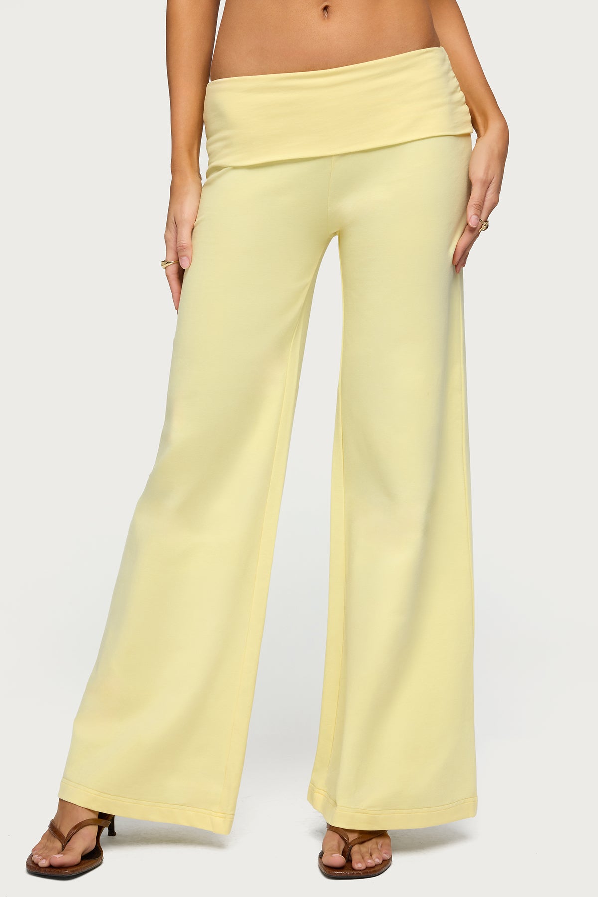 Wide Leg Foldover Pants - YELLOW