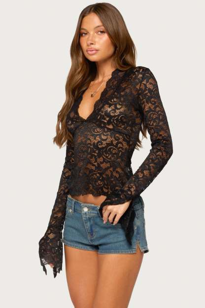 Sheer Lace Bell Sleeve Top - BLACK
