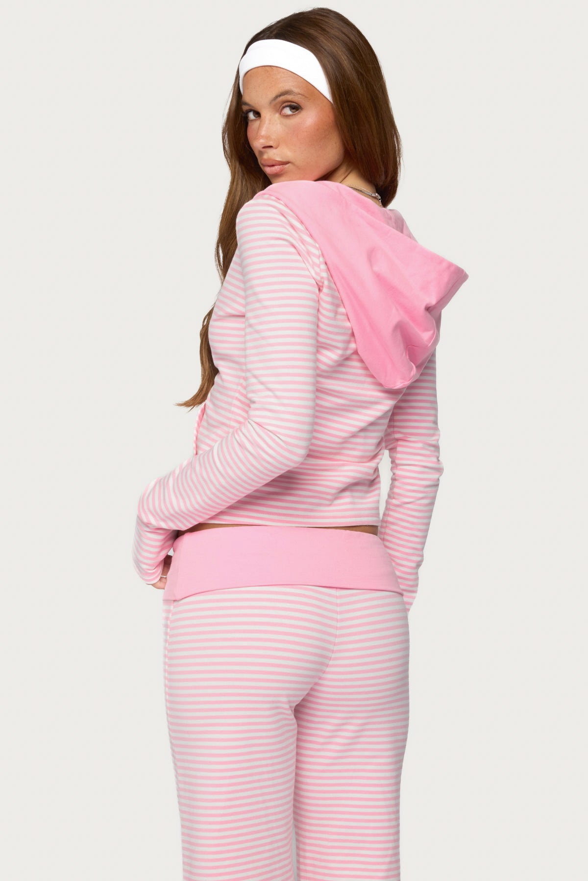 Meggy Striped Zip Up Hoodie - LIGHT-PINK-AND-WHITE
