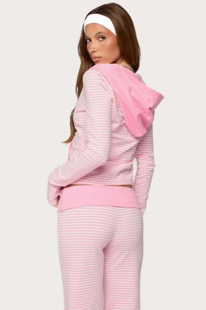 Meggy Striped Zip Up Hoodie - LIGHT-PINK-AND-WHITE