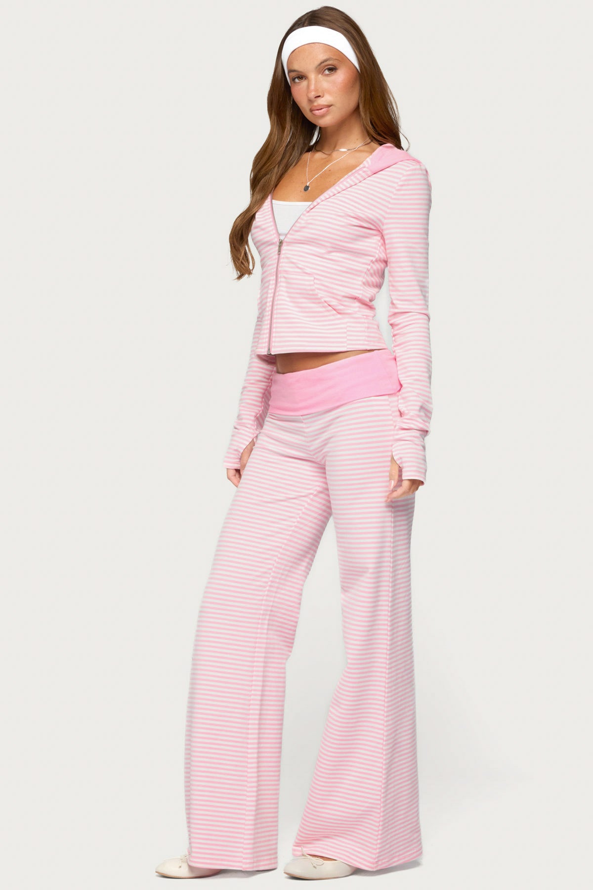 Meggy Striped Foldover Pants - LIGHT-PINK-AND-WHITE