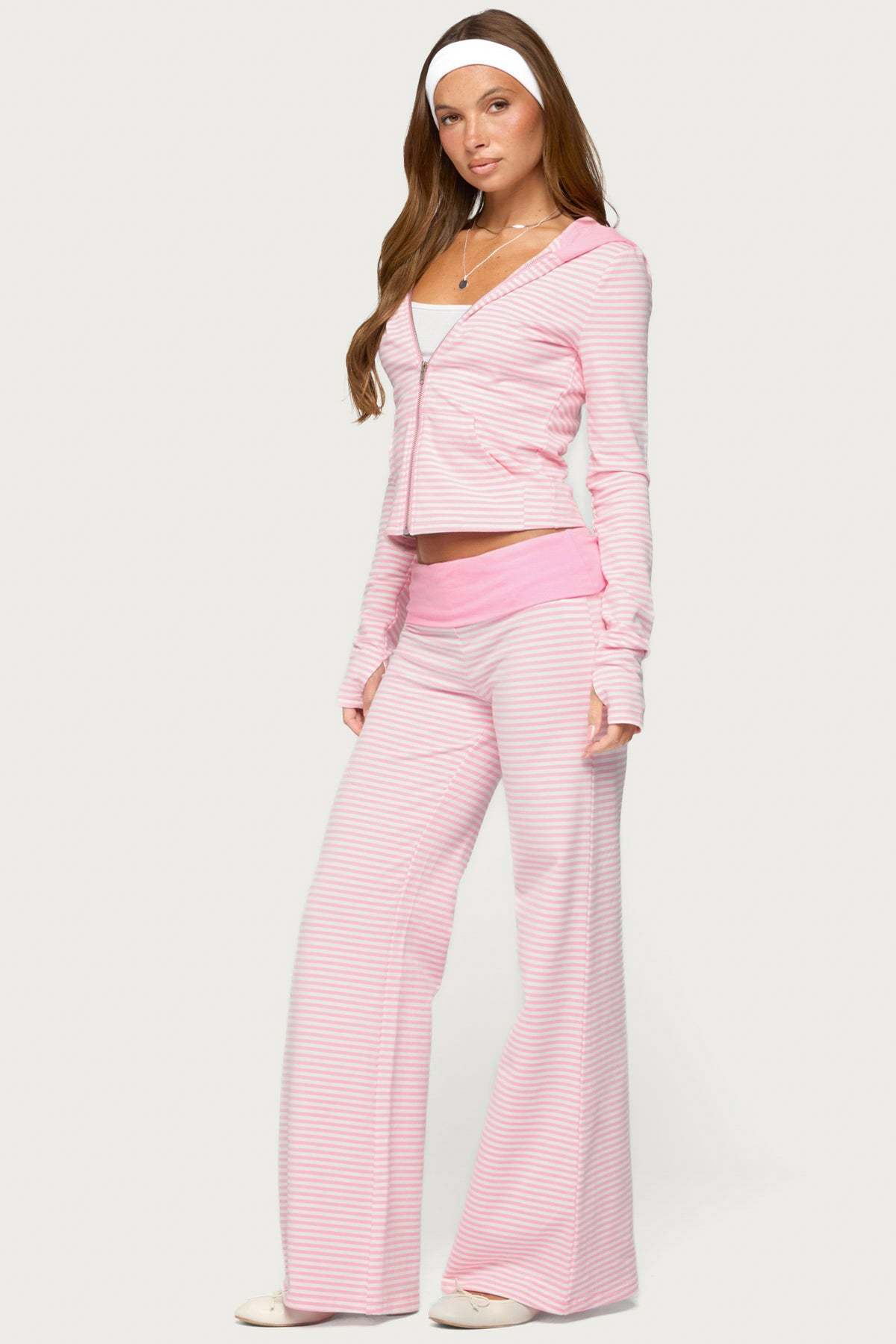 Meggy Striped Foldover Pants - LIGHT-PINK-AND-WHITE