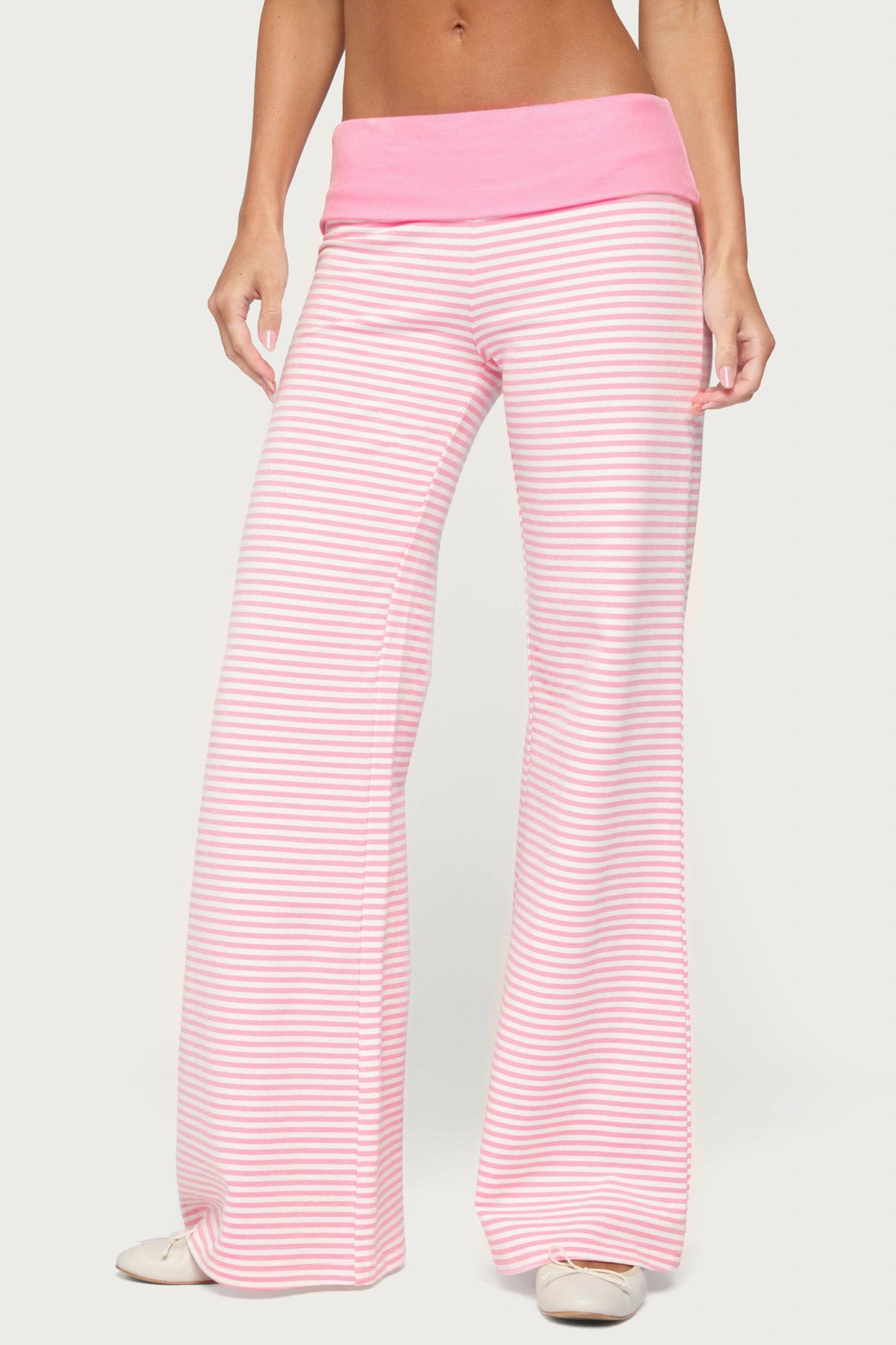 Meggy Striped Foldover Pants - LIGHT-PINK-AND-WHITE