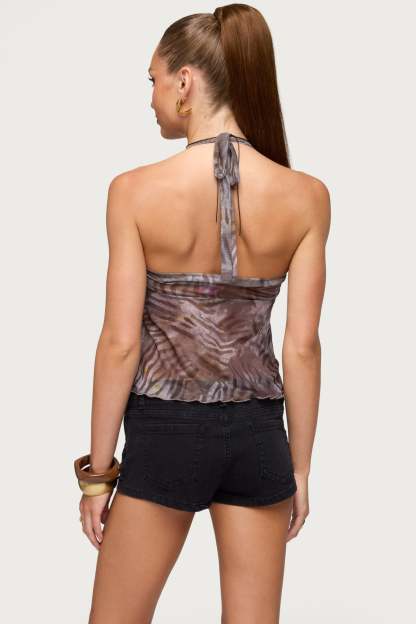 Tiger Printed Mesh Babydoll Top - BROWN