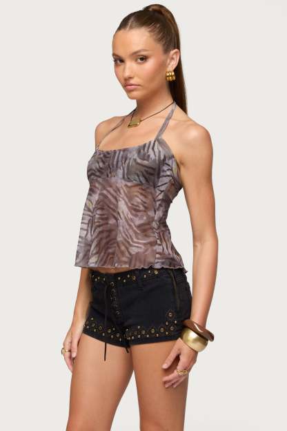 Tiger Printed Mesh Babydoll Top - BROWN