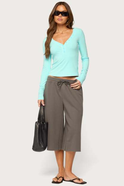 Yael Contrast Stitch Henley Top - TURQUOISE