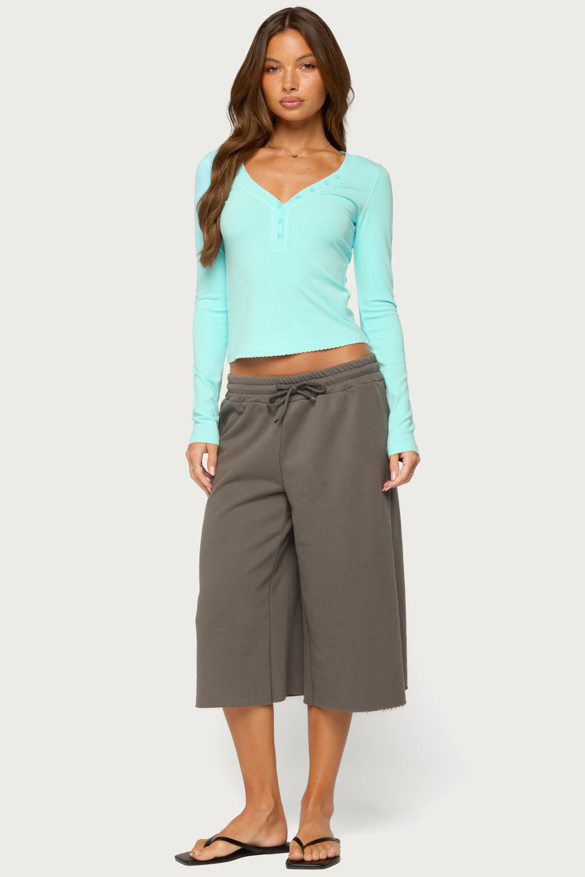 Yael Contrast Stitch Henley Top - TURQUOISE