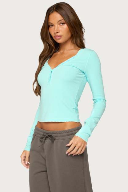Yael Contrast Stitch Henley Top - TURQUOISE