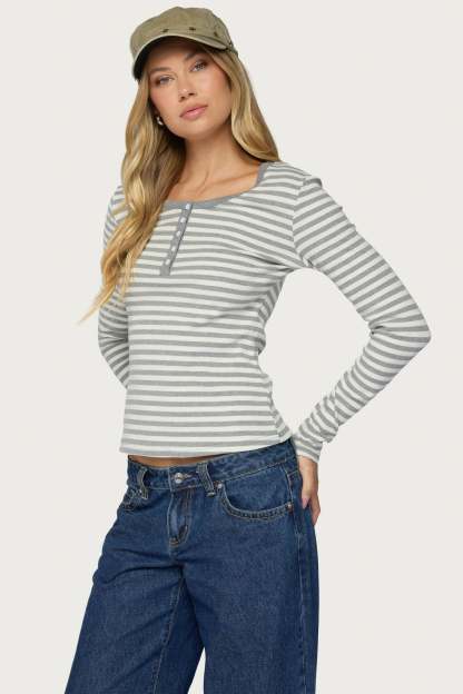 Roma Striped Henley Top - GRAY-MELANGE