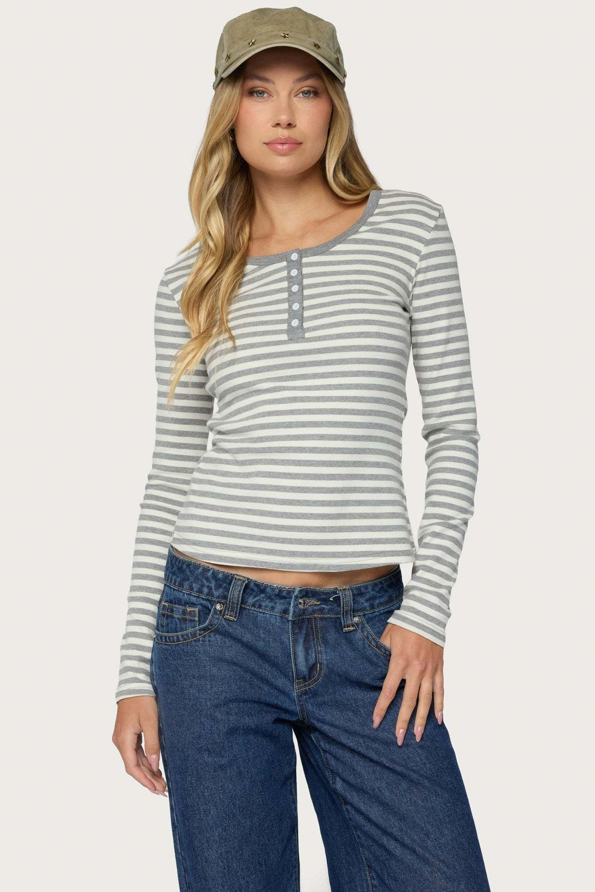 Roma Striped Henley Top - GRAY-MELANGE
