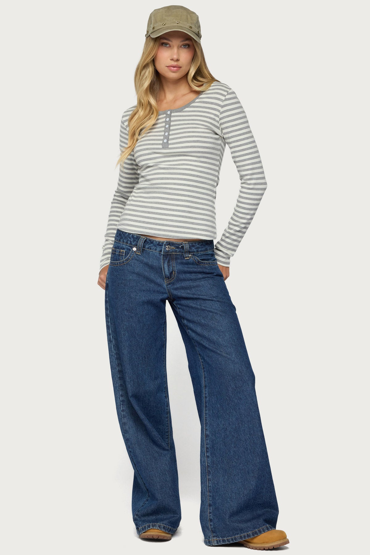 Roma Striped Henley Top - GRAY-MELANGE