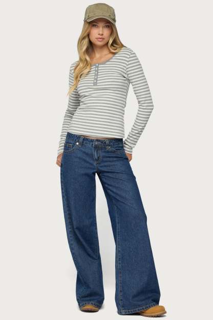 Roma Striped Henley Top - GRAY-MELANGE