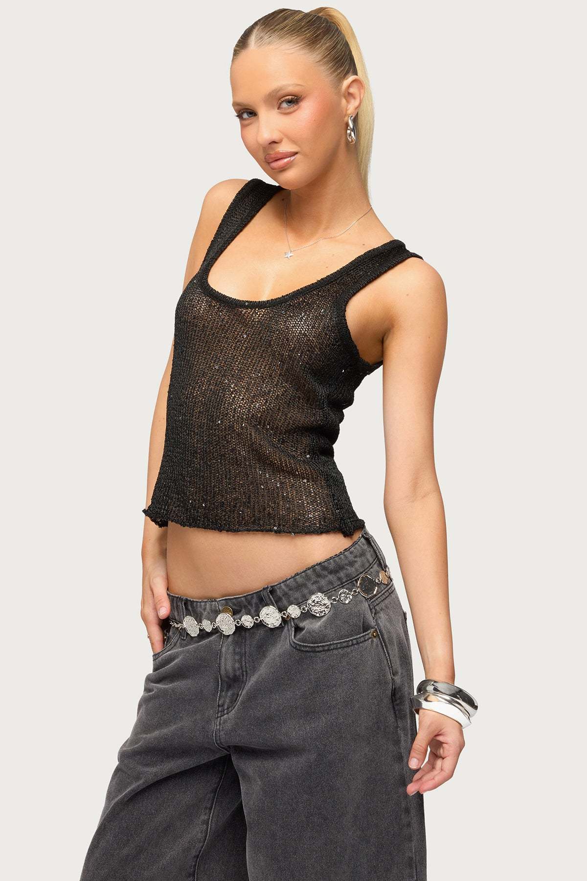 Eleora Sequin Knit Tank Top - BLACK