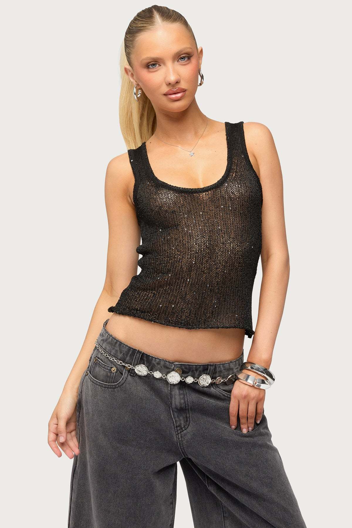 Eleora Sequin Knit Tank Top - BLACK