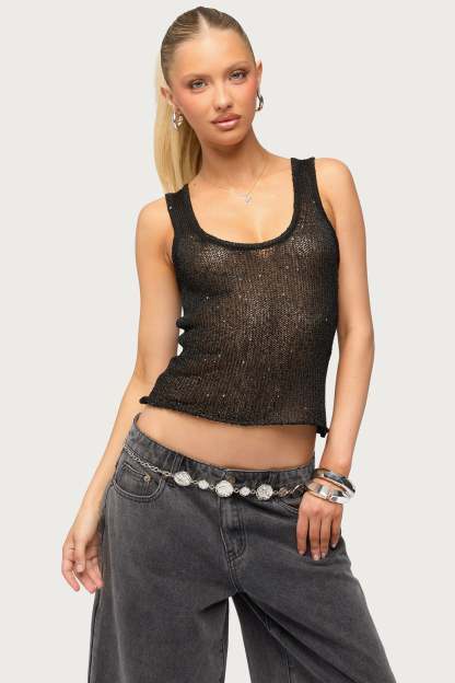 Eleora Sequin Knit Tank Top - BLACK