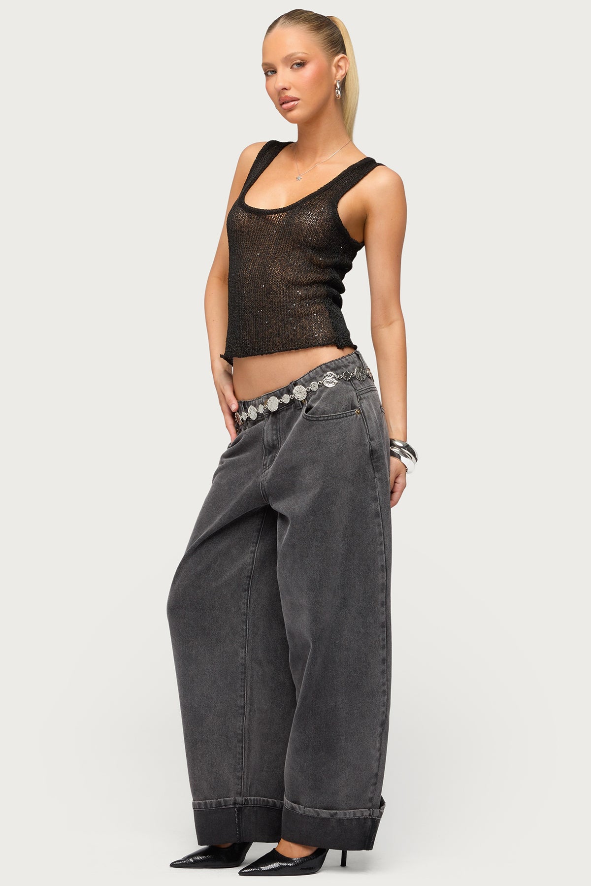 Eleora Sequin Knit Tank Top - BLACK