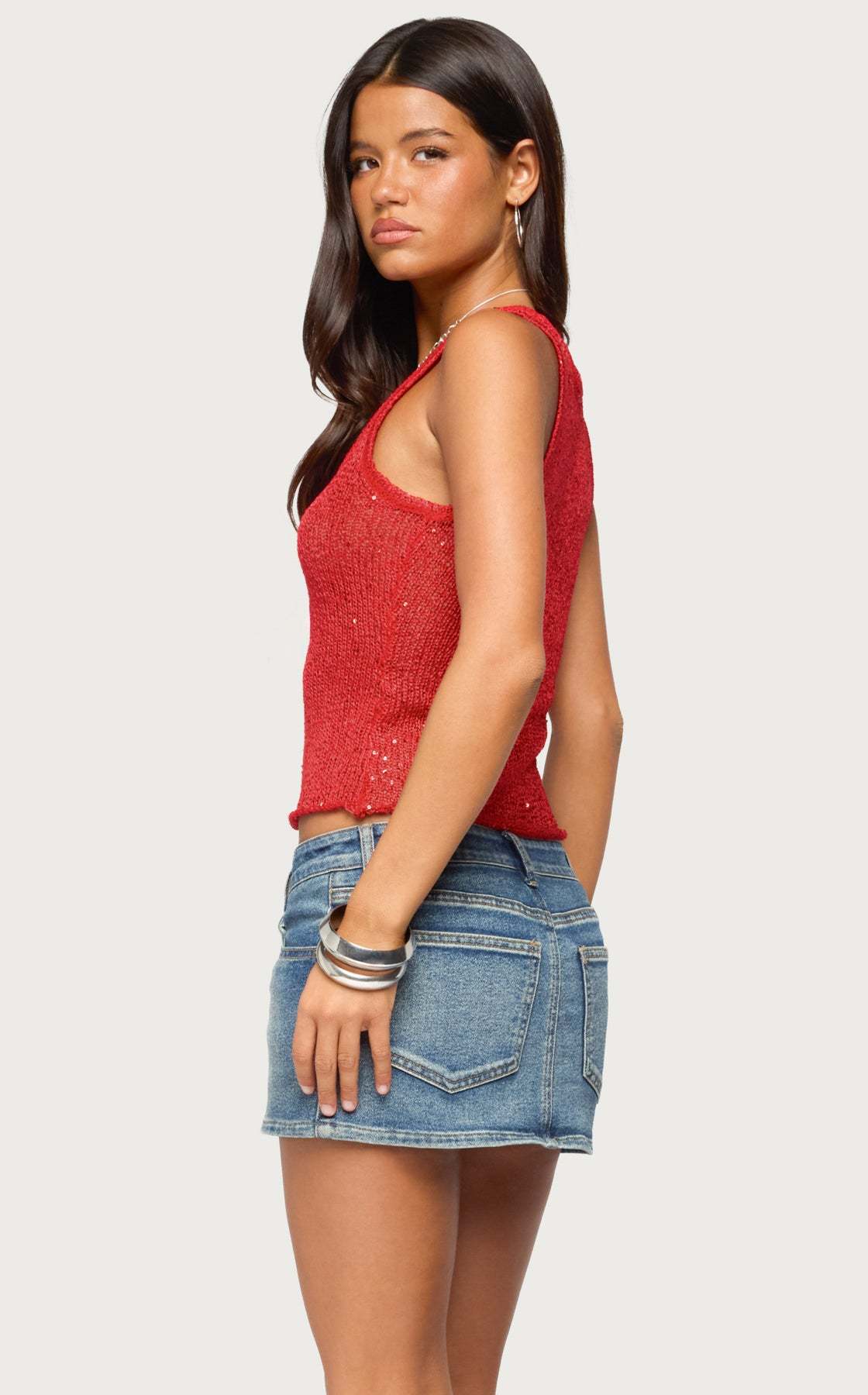Eleora Sequin Knit Tank Top - RED