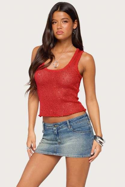 Eleora Sequin Knit Tank Top - RED