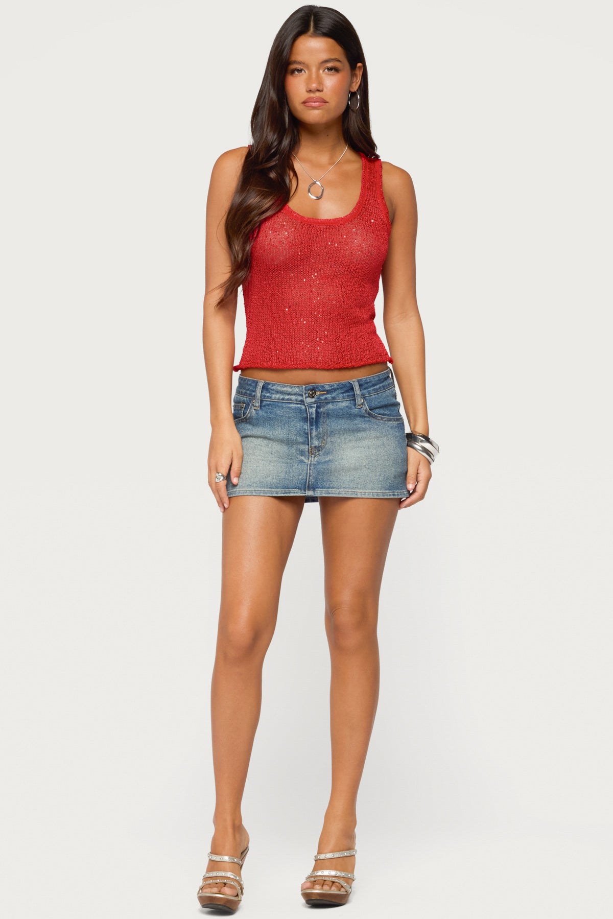 Eleora Sequin Knit Tank Top - RED