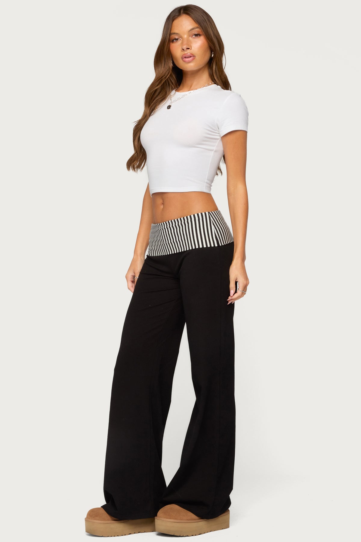 Meshey Striped Foldover Pants - BLACK