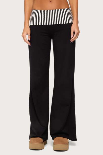Meshey Striped Foldover Pants - BLACK