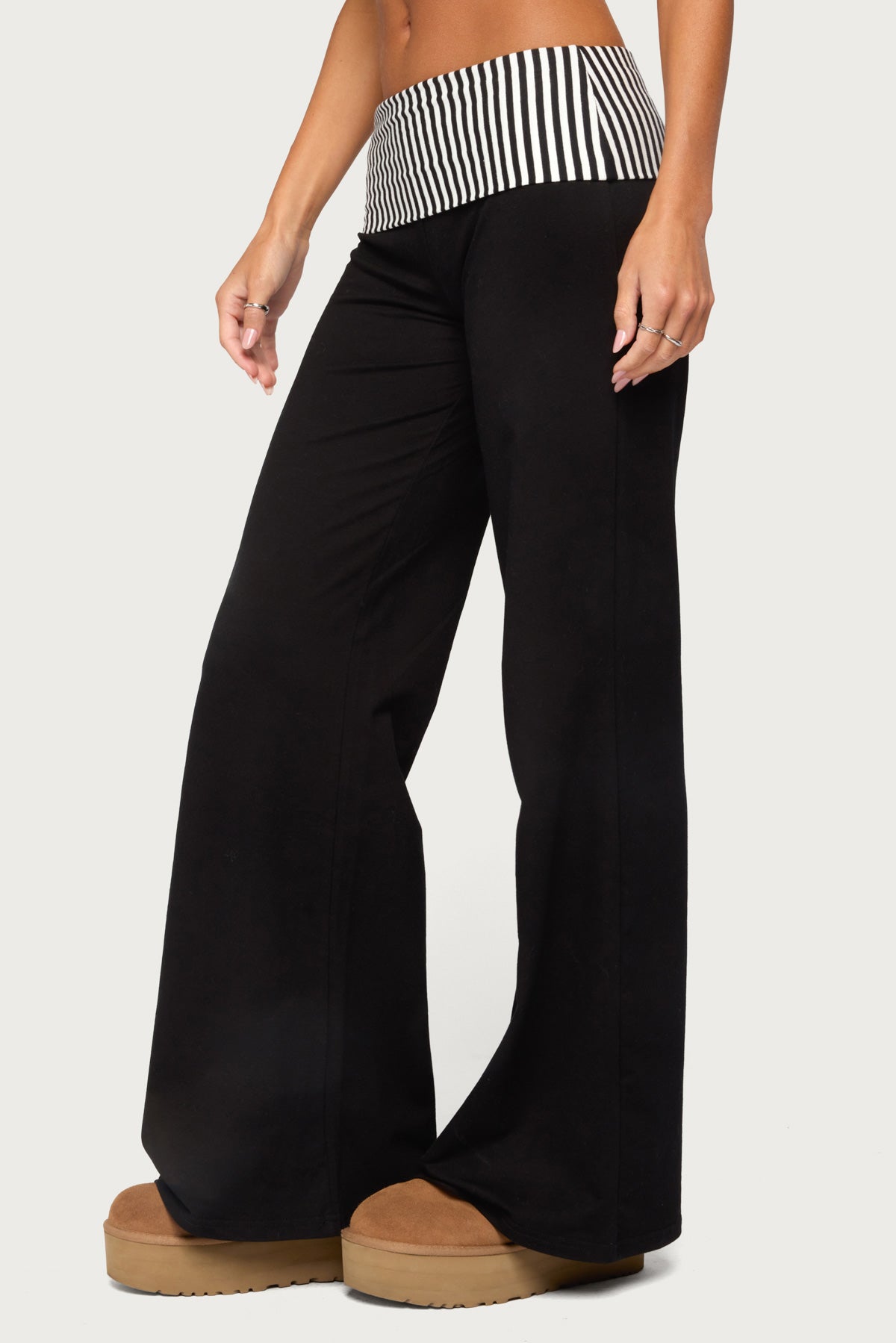 Meshey Striped Foldover Pants - BLACK