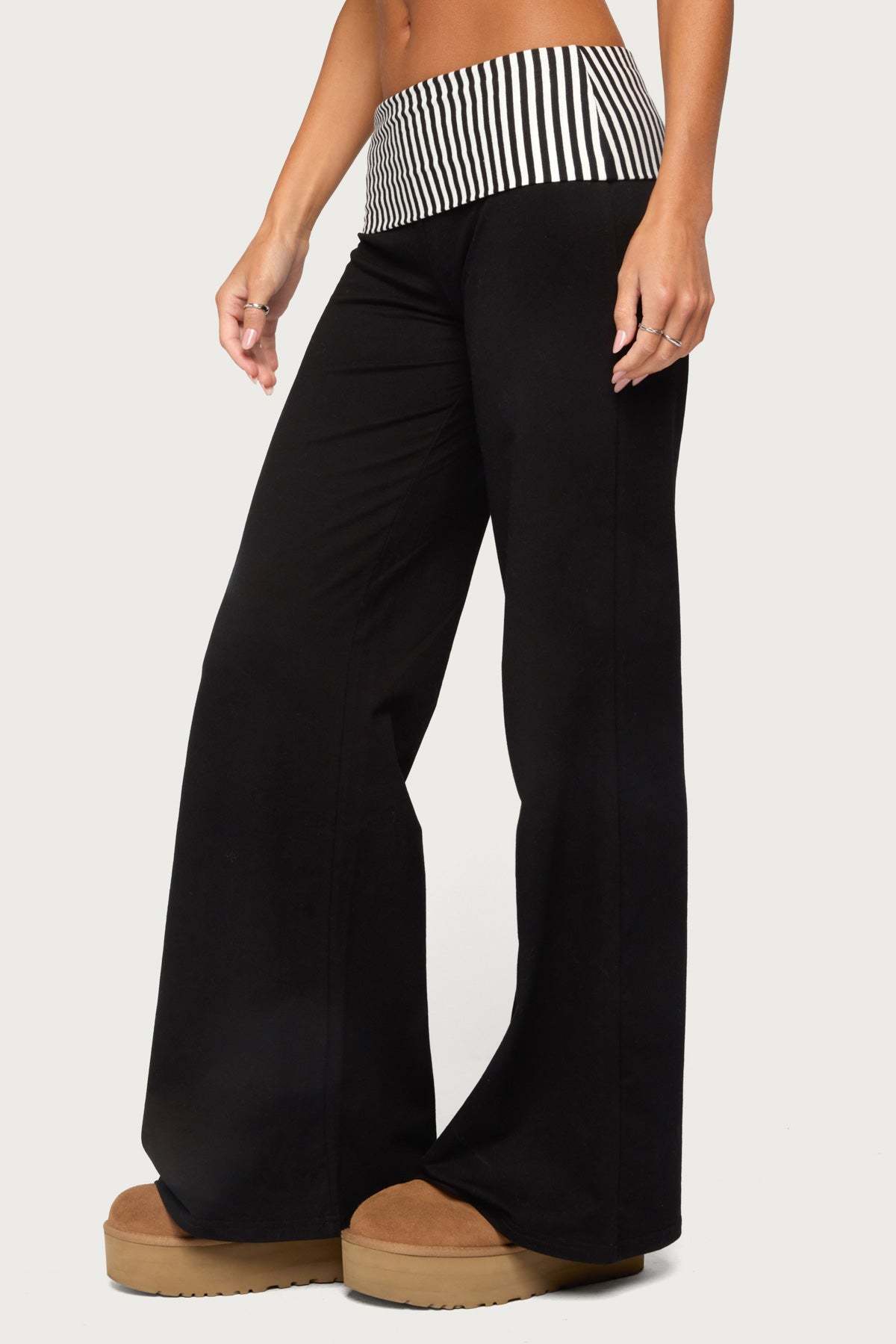 Meshey Striped Foldover Pants - BLACK