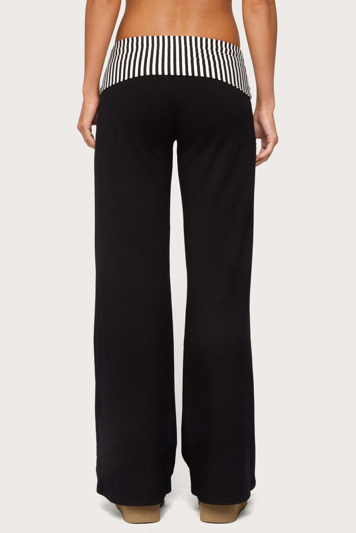 Meshey Striped Foldover Pants - BLACK