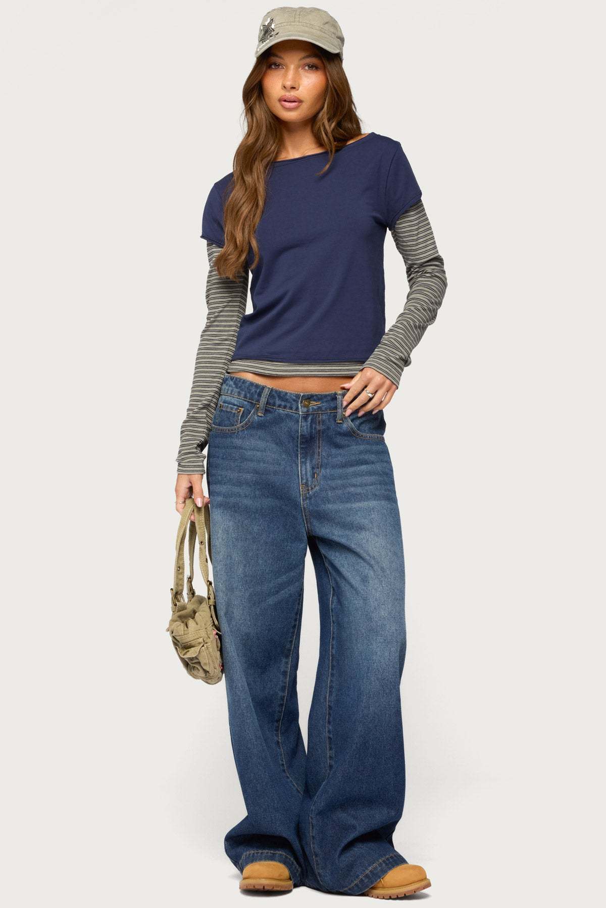 Layered Stripey Long Sleeve T Shirt - NAVY