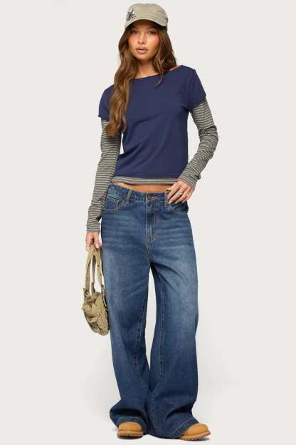Layered Stripey Long Sleeve T Shirt - NAVY