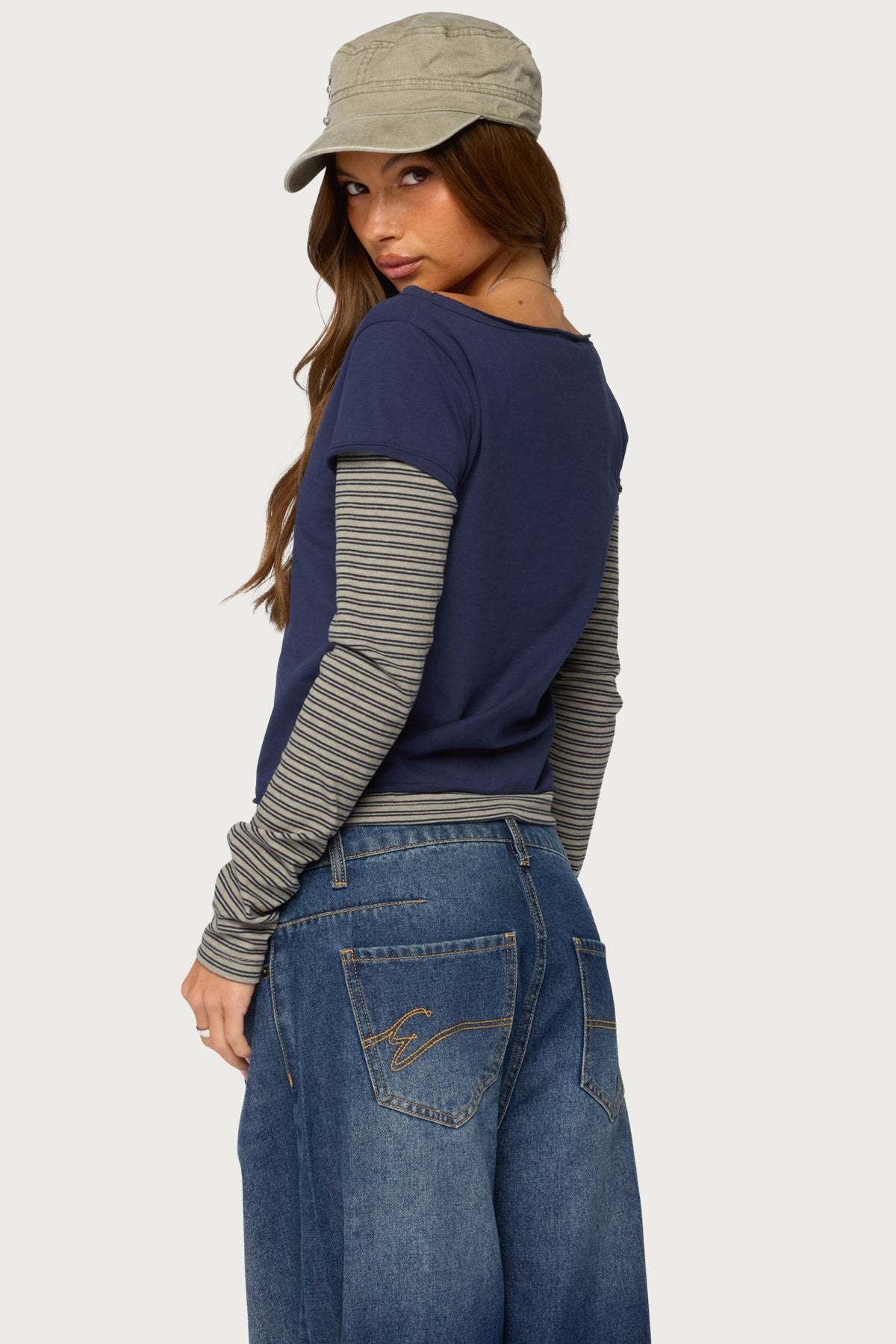 Layered Stripey Long Sleeve T Shirt - NAVY