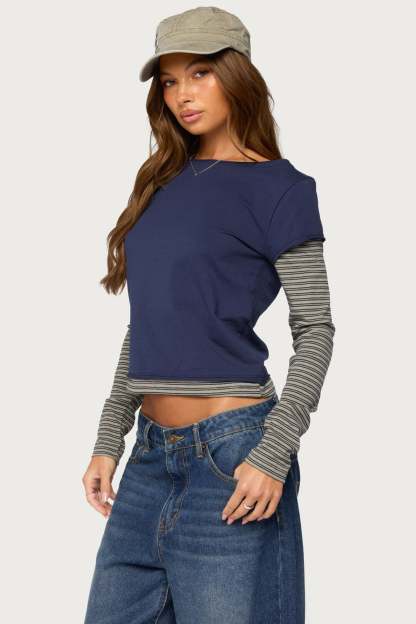 Layered Stripey Long Sleeve T Shirt - NAVY