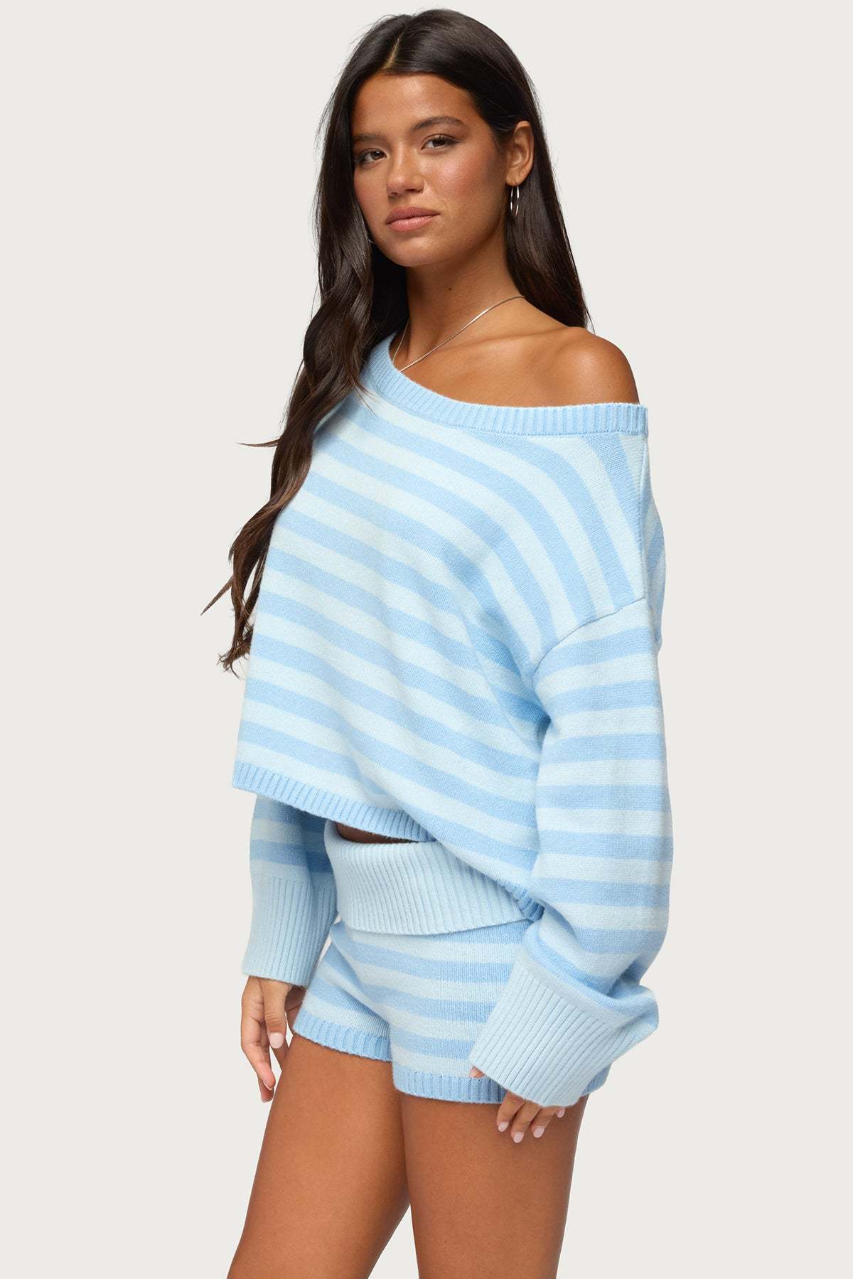 Saphi Striped Oversized Knit Sweater - LIGHT-BLUE