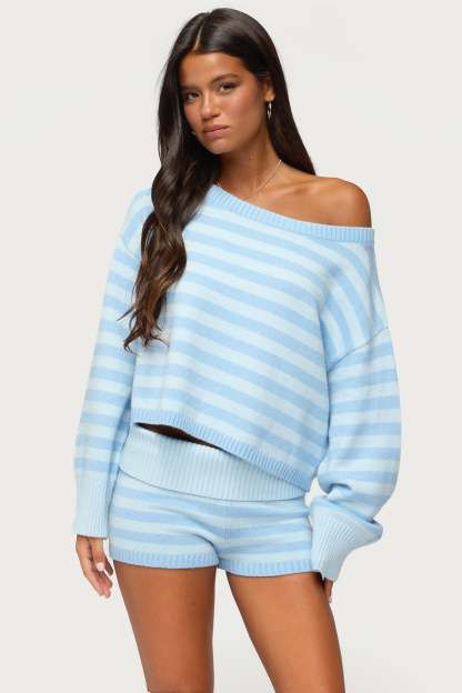 Saphi Striped Oversized Knit Sweater - LIGHT-BLUE