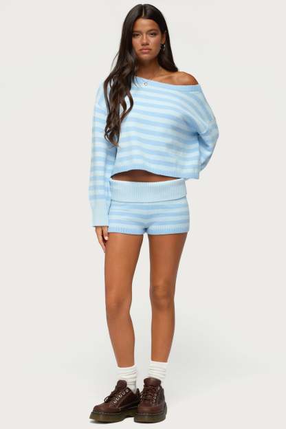 Saphi Striped Oversized Knit Sweater - LIGHT-BLUE